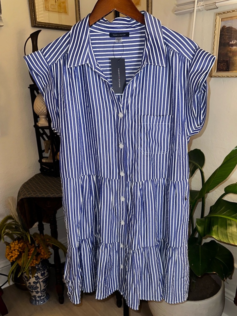 Tommy Hilfiger Blue and White Striped Tiered Button-Front Mini Dress